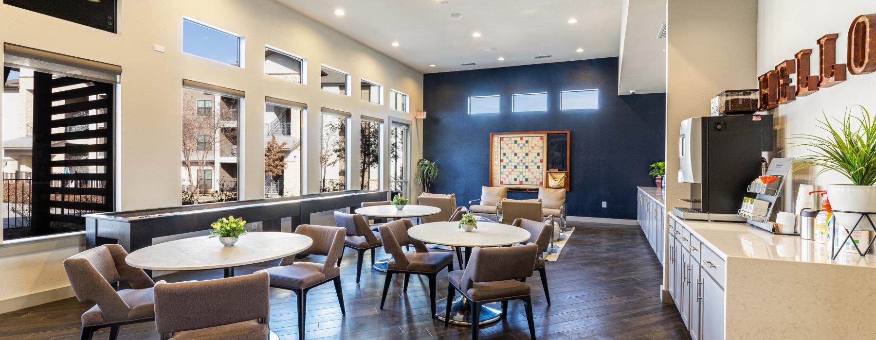 a room with tables and chairs